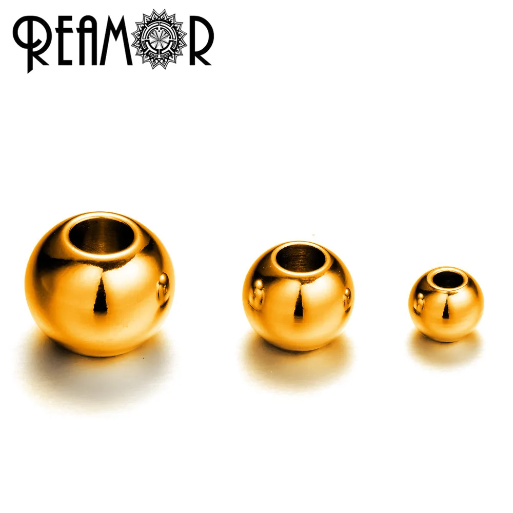 

REAMOR Gold-color Round 316l Stainless Steel Beads Charms European Small Hole Beads For String Bracelet Jewelry Making Wholesale