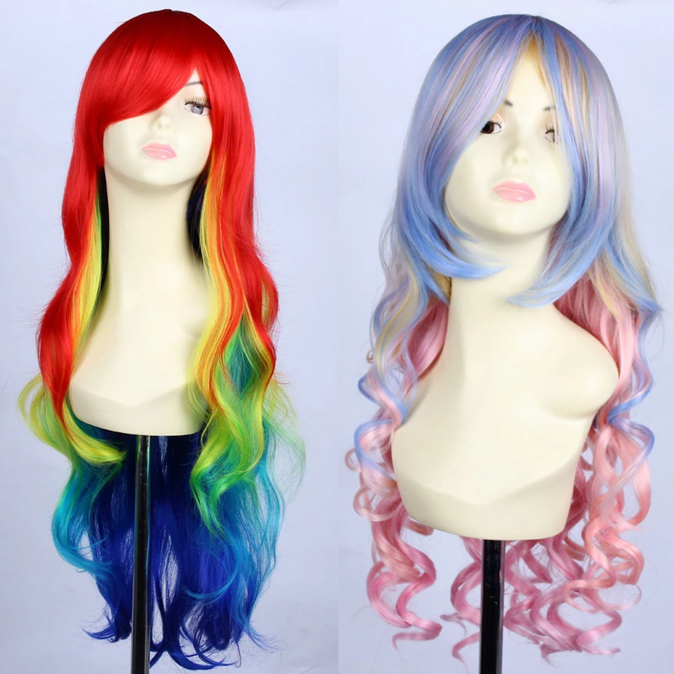 Peluca de fiesta de arco iris con flequillo para mujer, pelo sintético de color rojo, verde, azul, degradado, Anime