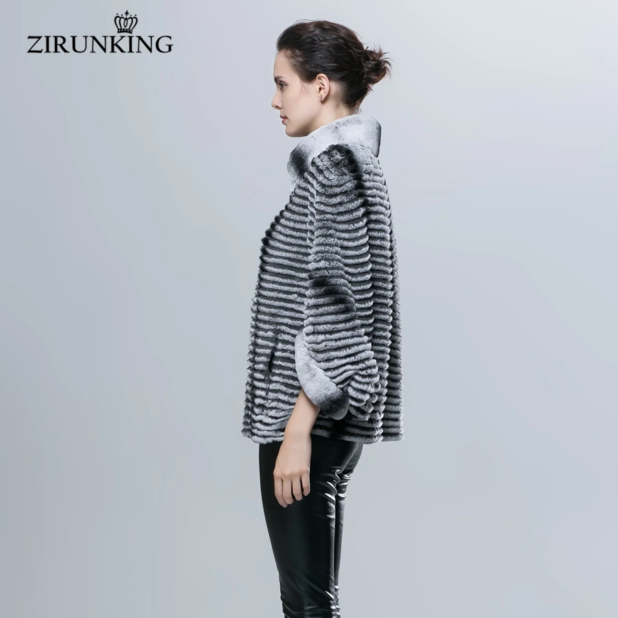 ZIRUNKING-Chaqueta de piel auténtica de conejo para mujer, abrigo de piel auténtica de Color Chinchilla, ajustado de lujo, manga de murciélago, gran