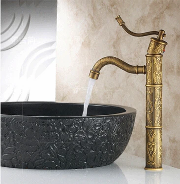 New Design Luxury Bathroom Basin Faucets Antique Brass Finished Hot and Cold Mixer Taps Deck Mounted Carving Faucet AF1068