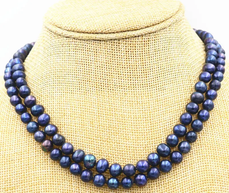 

Hot Beautiful 2 row 7-8mm Black Freshwater Pearl Necklace 17-18"