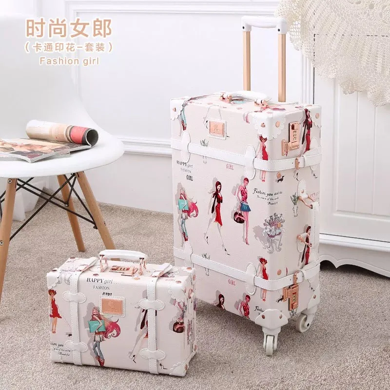 2PCS/SET Vintage Floral PU Travel Bag Rolling Luggage,13\