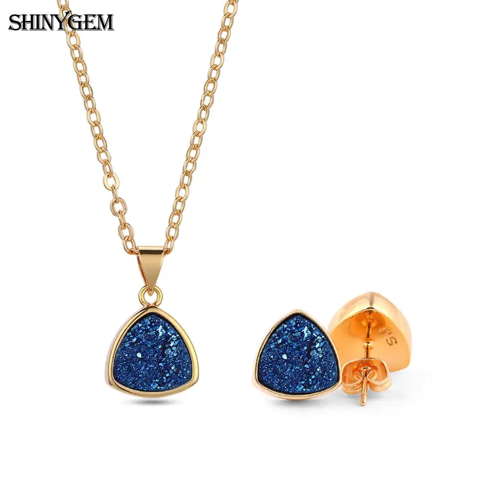 

shinygem simple design triangle natural druzy stone necklace earrings jewelry set wedding gold plating chain for women sparkling