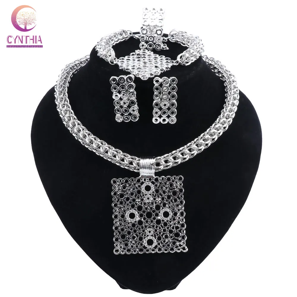 

CYNTHIA Classic Charming Rhinestone Women Necklace Earrings Set African Dubai Nigeria Bridal Costume Silver Plated Jewelry Sets