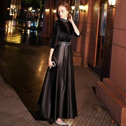 Customized Black Velour Evening Dress Long Sexy A-line Party Dress Crystal Half Sleeves Prom Dresses Robe De Soiree WY1051