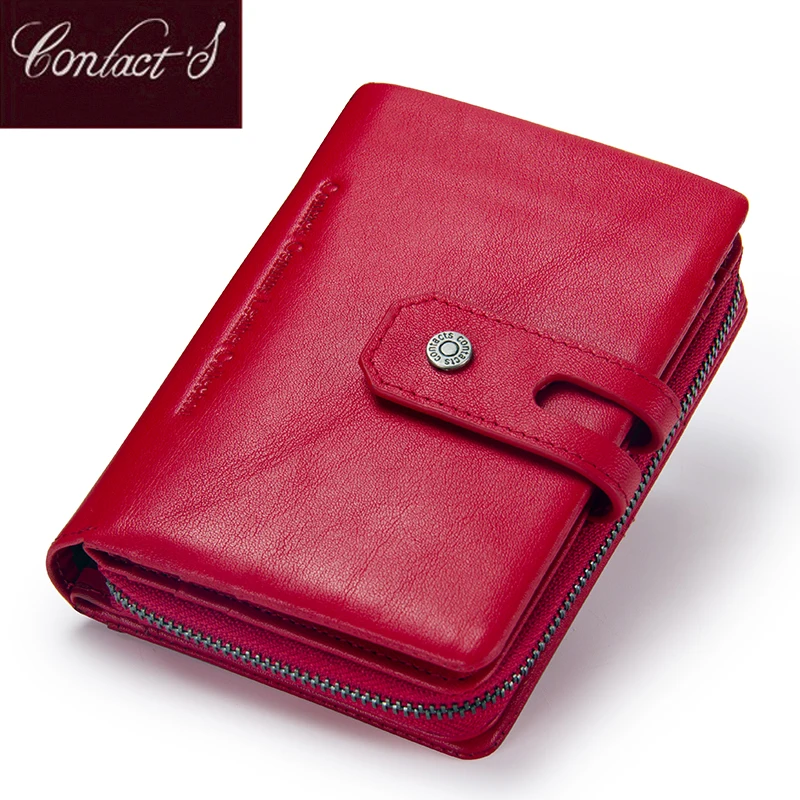 Contact'S Genuine Leather Short Wallet Women Fashion Small Coin Purse Zipper Hasp Card Holder Wallets for Women Portfel Damski