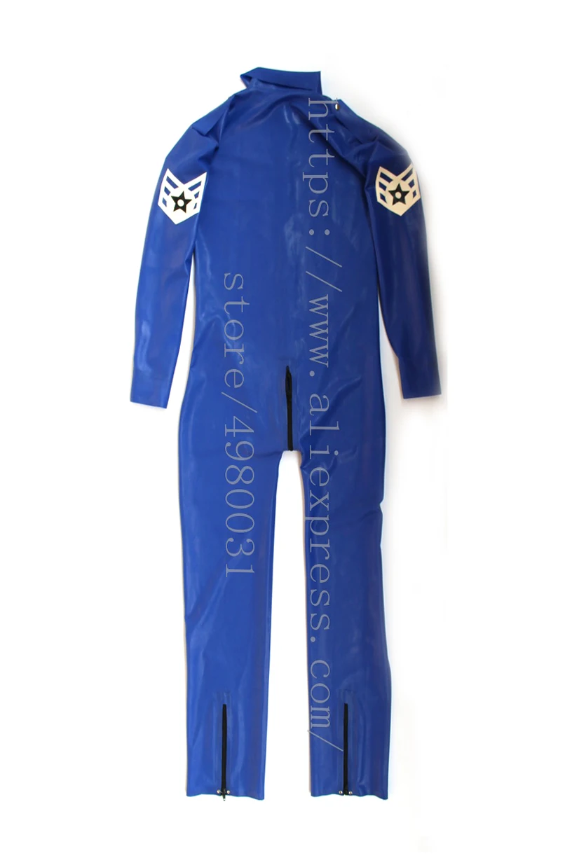 Mannelijke uniform latex catsuit blauw lange mouwen latex zentai homme met schouder board en armband met voeten rits