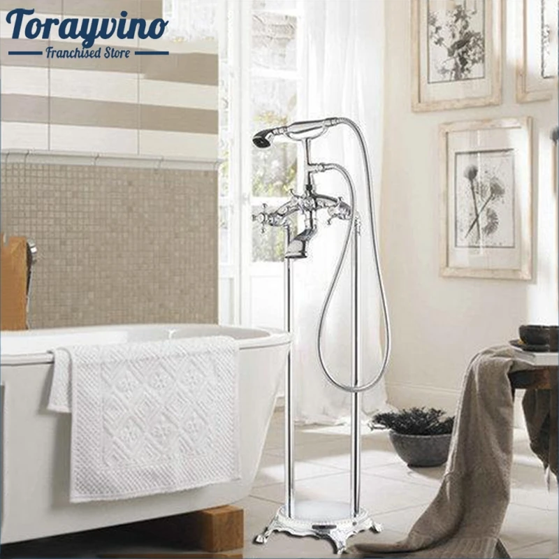 Torayvino Bathtub Chrome Floor Mounted Shower Set Bathroom Torneira Double Handles Vessel Vanity Basin Sink Faucet Mixer Tap