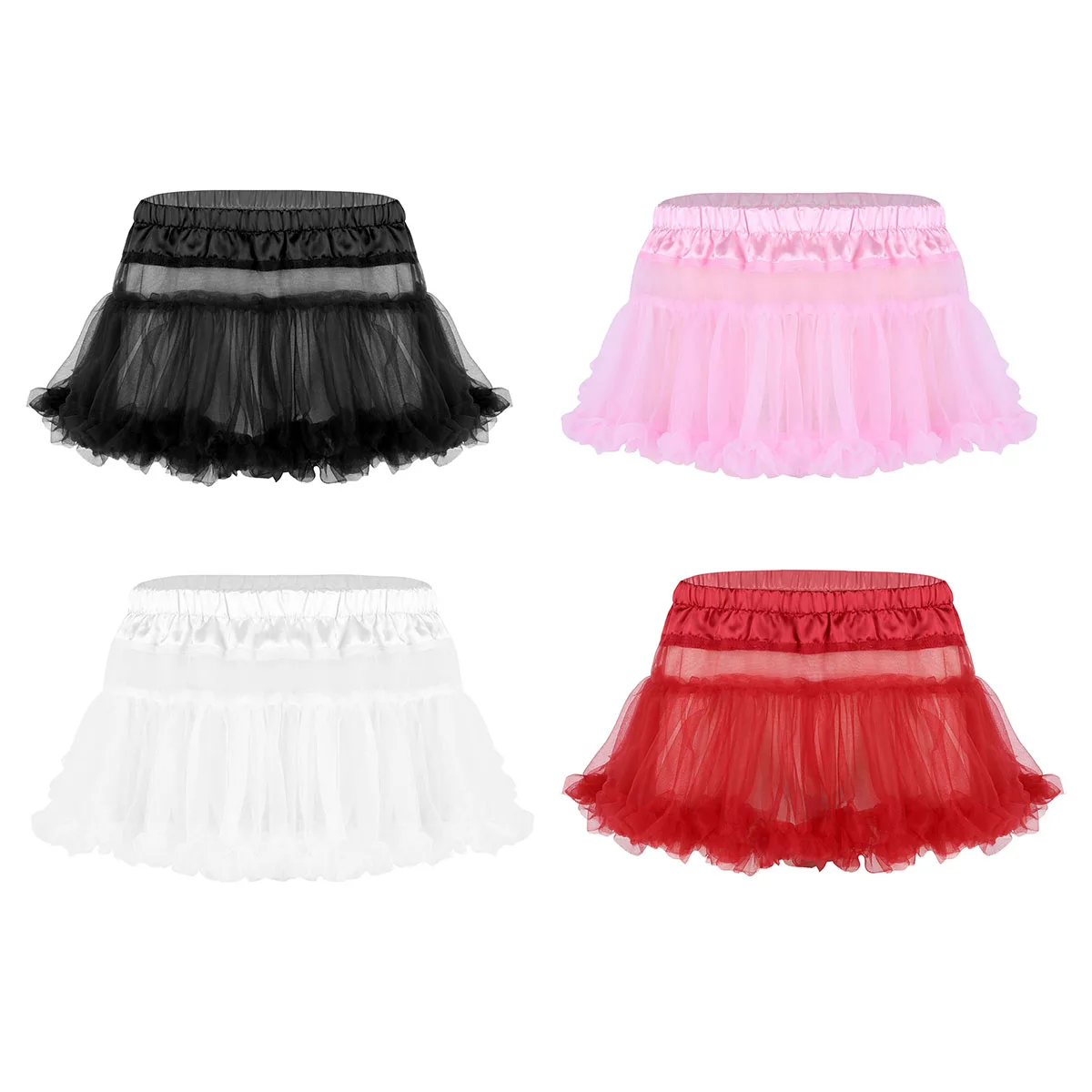 iiniim Mens Sissy Lingerie Panties Satin Elastic Waistband Frilly Ruffled Tulle Layered Skirt Short Babydolls Mini Tutu Skirts