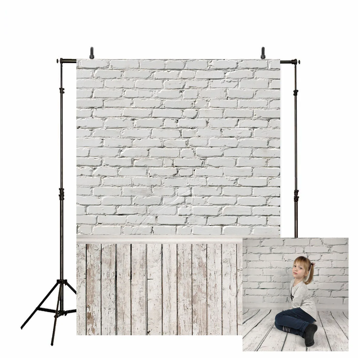 

White Brick Wall Photography Backdrops Wooden Floor Photo Background for Pet Toy Baby Shower Newborn Children Photo Studio