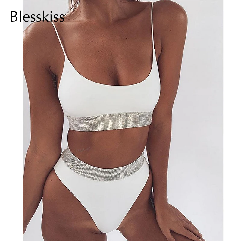 Blesskiss Hot Diamond 2023 High Waist Swimsuit Bikini Women Sexy Sequins Glitter Cut Push Up Swimwear Brazilian Bathing Suit