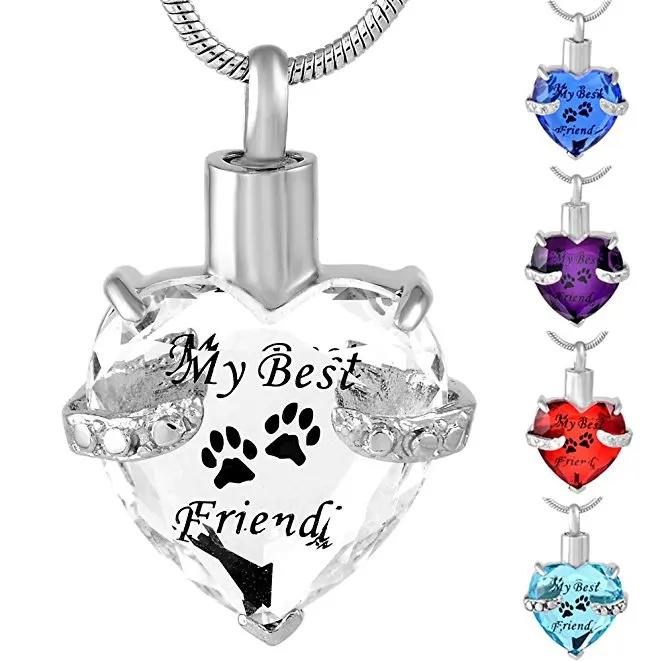 

IJD9790 Multi-colored Crystal Cremation Jewelry Engrave Paw Print My Best Friend In My Heart Stainless Steel Memorial Necklace