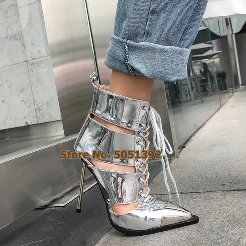 Women High Heel Sandals Cross Tied Metal Decoration Pointed Toe Cut-Out Ankle Short Booties Lace-up Fashion Party Stage Show