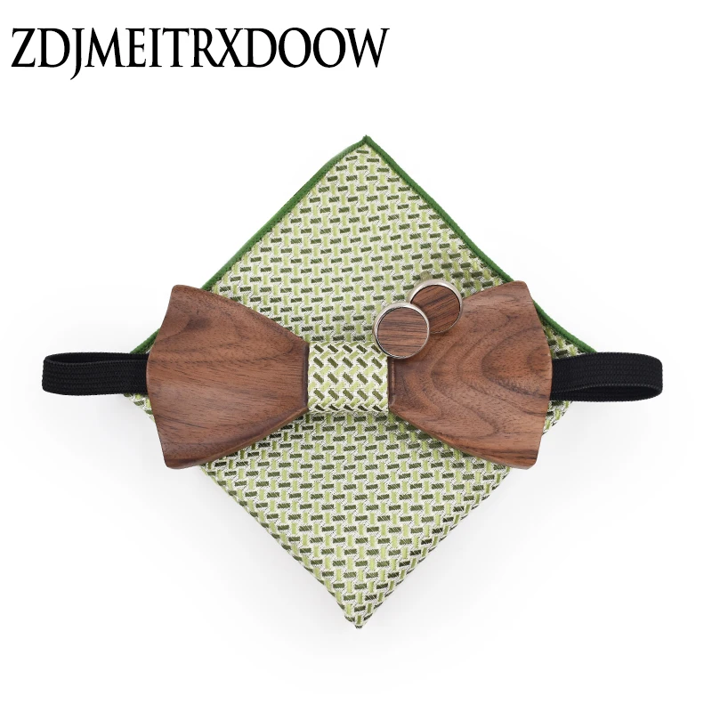 Wood Bow Tie Set Cravat Wooden Box Cufflinks Bowtie Plaid Handkerchief Pocket Square Men Wedding Suit Shirt