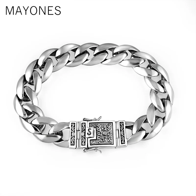 13mm Wide Pure 100% 925 Sterling Silver Men's Bracelet Smooth Flower Safe Lock High Polish Link Chain Male Biker Silver Bracelet