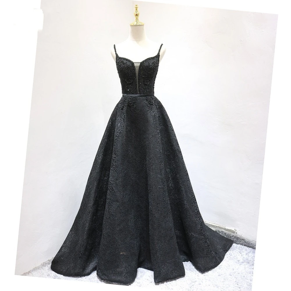 

YNQNFS Black A-skirt Ball Dress Bead Decoration V-neck Large Tail Lace Fabric Evening Dress