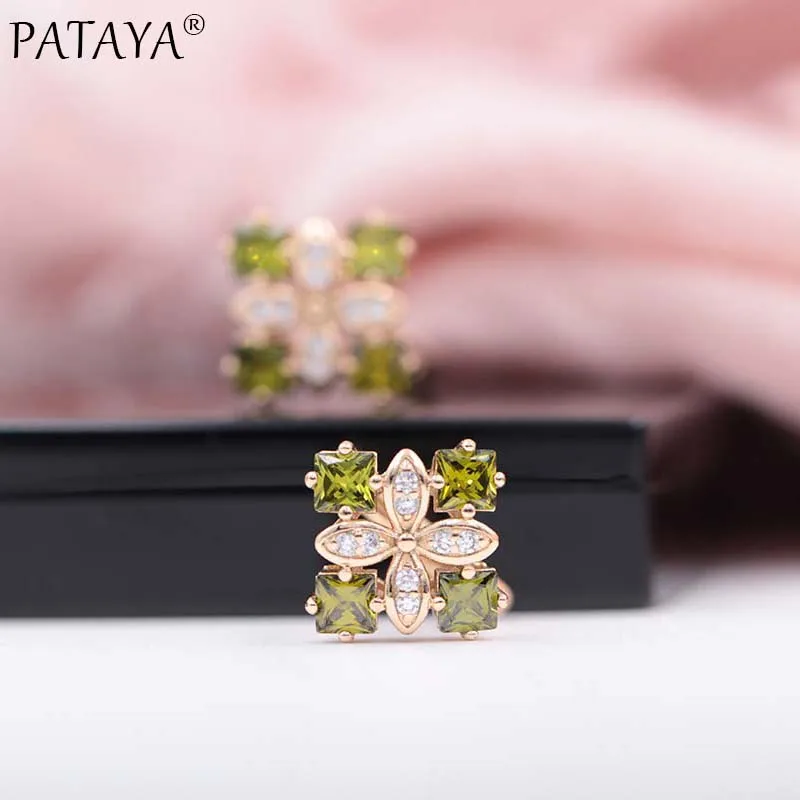 PATAYA Women Square Luxury Earrings 585 Rose Gold Color Water Drop Natural Zircon Wedding Accessories Jewelry Ethnic Earring