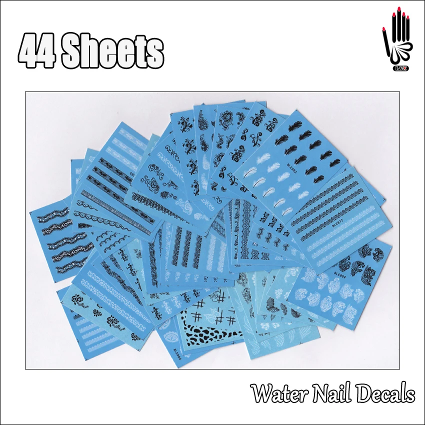 Nail 44Sheets/Lot Mixed 44 Different Blakc White Flower Feather Lace Water Nail Art Sticker Decal For Nail Art 44 Designs 44-15