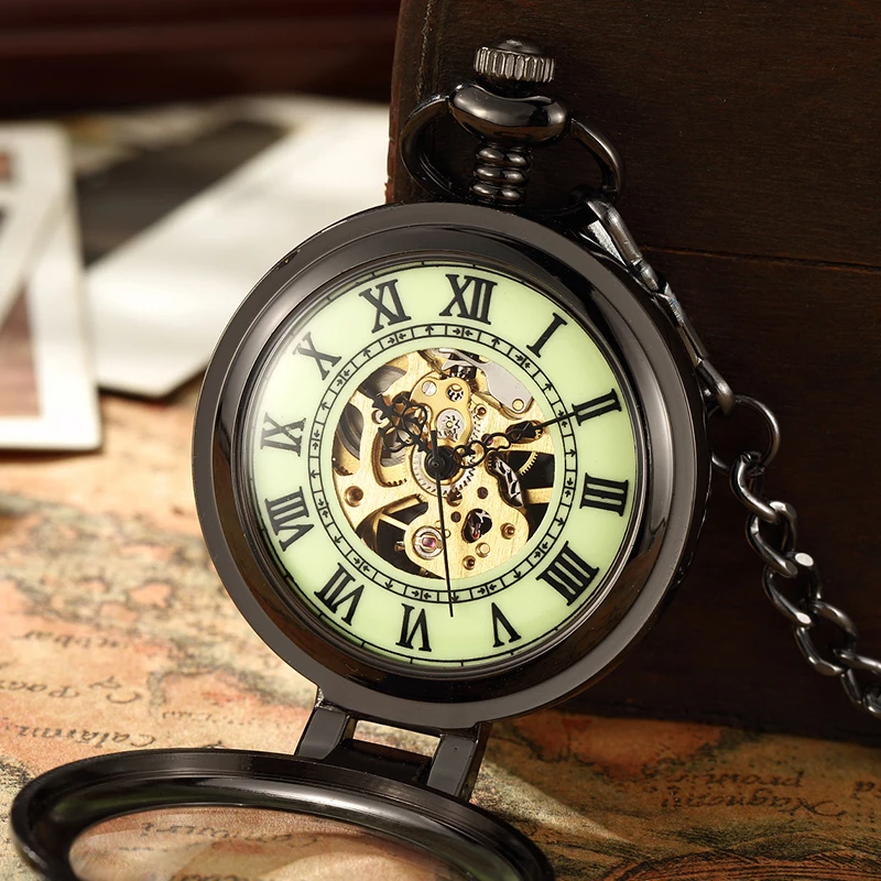 Unique Retro Transparent Men Pocket Watch Black Silver Steel Watch FOB Chain Quartz Pocket Watch New  Luminous Watch Clock