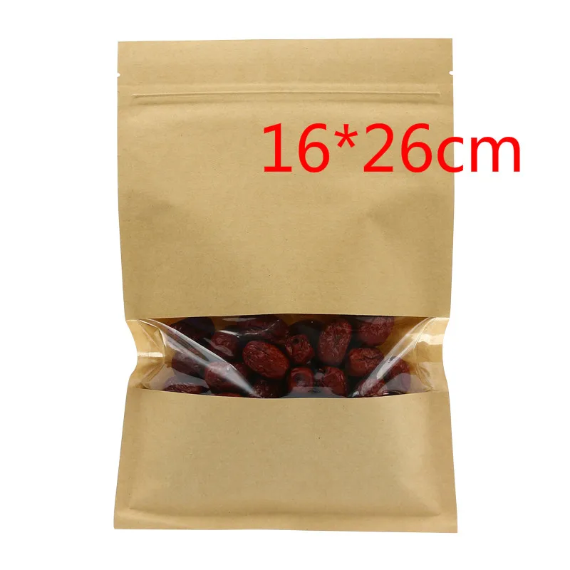 16*26cm Coffee Retro Heat Seal Plastic Kraft Paper Packaging Bag With Window 6.29