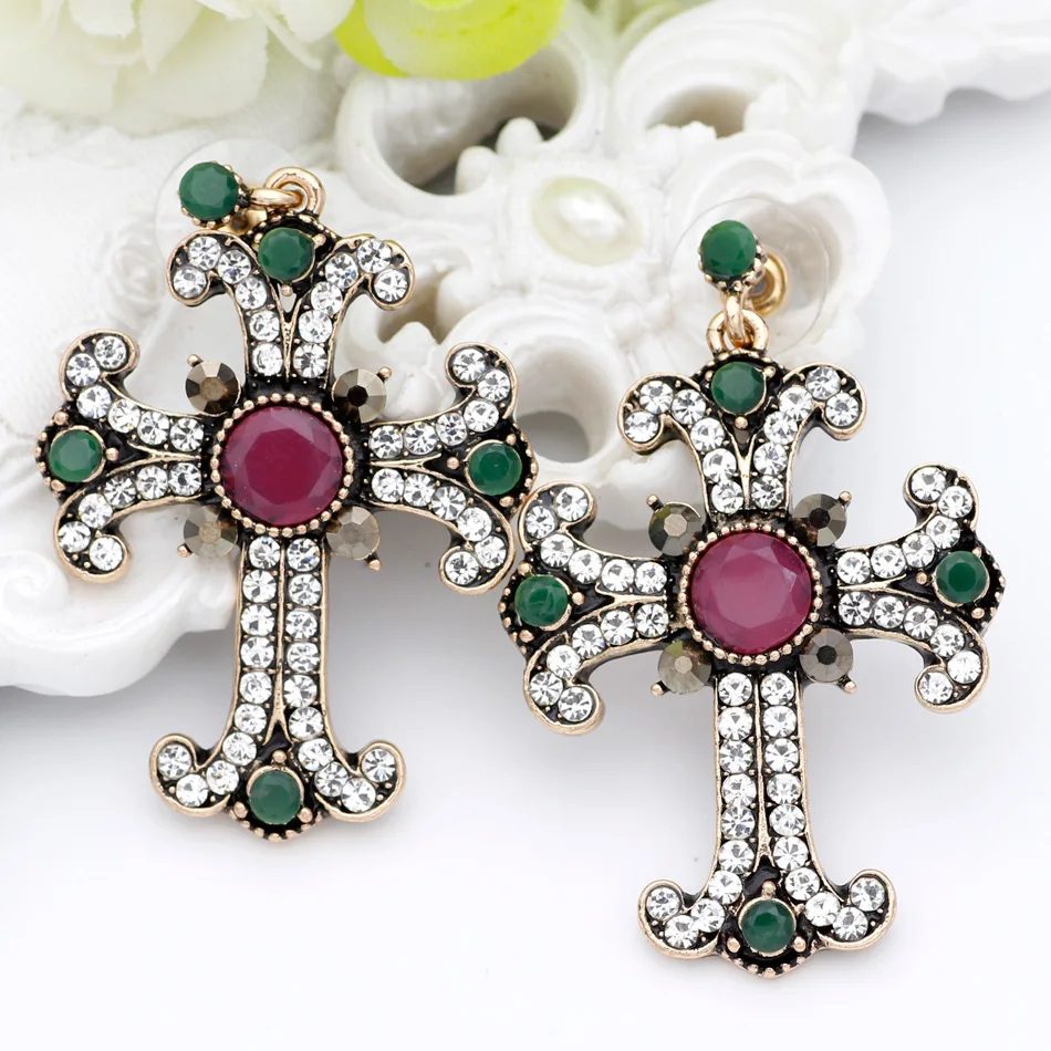 Holy Gorgeous Vintage Cross Dangle Earring Antique Gold Color Women Resin Jewelry For Religious Activities Indian Drop Earrings