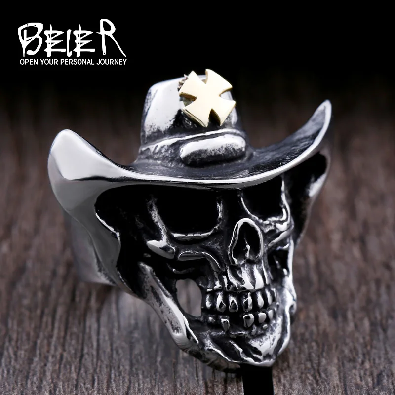 Beier new store 316L Stainless Steel Ring Top Quality Cross Hat Skull Ring  Fashion Jewelry BR8-429