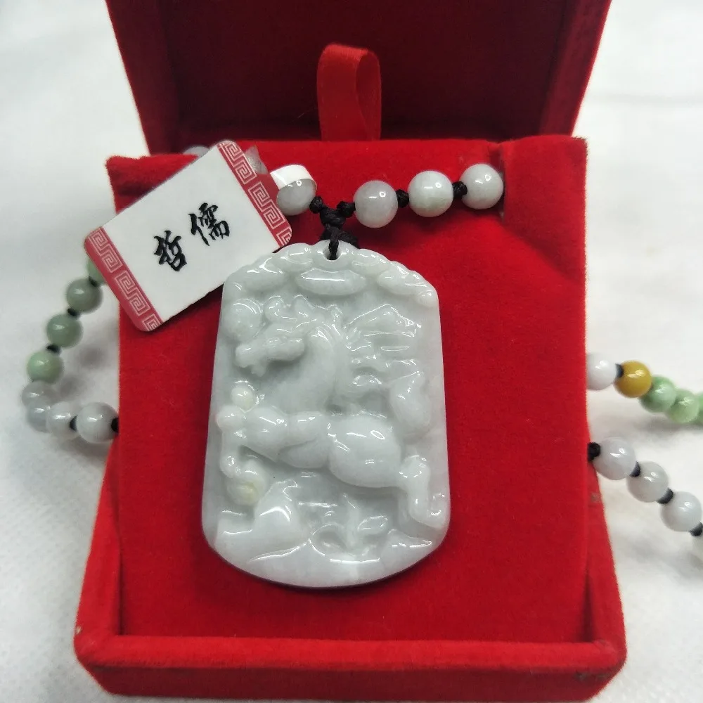 

Zheru Jewelry Pure Natural Jadeite Carved Light Green Zodiac Horse Pendant Tricolor Jade Bead Necklace Send Class A Certificate