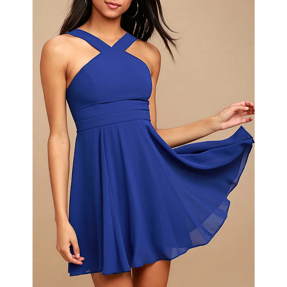 New Cross V neck backless sexy short casual dress women sleeveless summer dress 2021 Beach elegant mini Skater dress vestido