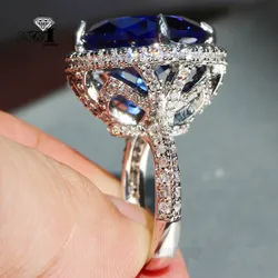 YaYI Jewelry Princess Cut 15*15mm Huge Blue Sapphire Zircon Silver Color Engagement Wedding Heart Rings Gifts 705
