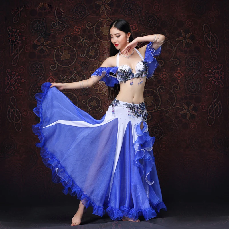 2019 Top Grade Phụ Nữ Dancewear Belly Quần Áo Nhảy Múa Phương Đông Nhảy Đính Cườm Trang Phục với Tay Áo Trang Phục Múa Bụng Đặt Áo Ngực Váy