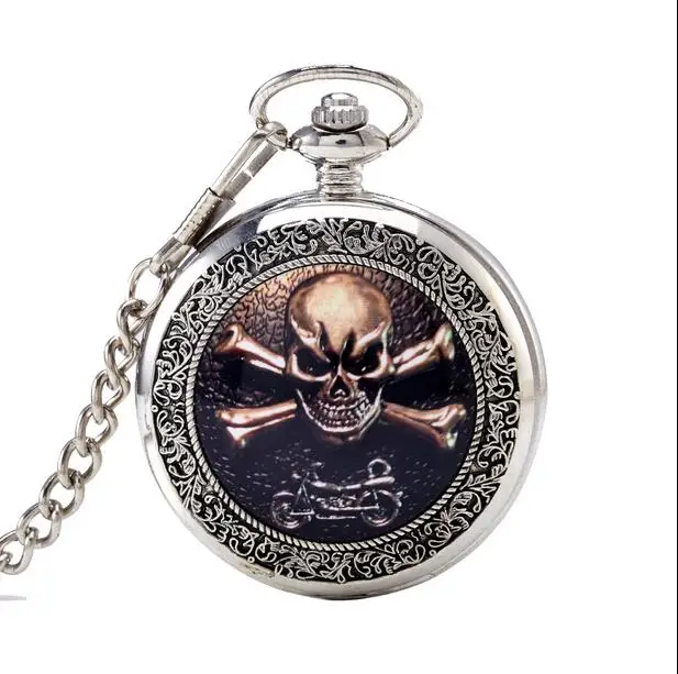 Vintage silver Ghost Rider skull Quartz pocket watch With necklace Men Women Watches FOB Chain Gift