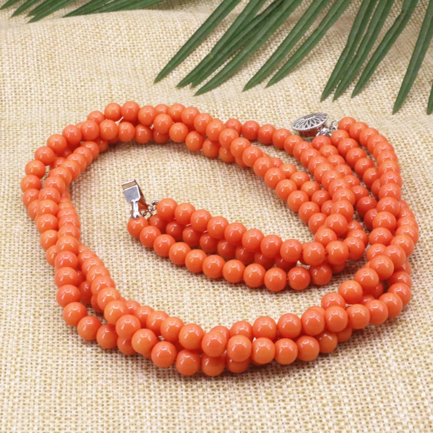 3 rows winding chain necklace for women 6mm orange artificial coral round beads high quality gifts jewelry 18inch B3184