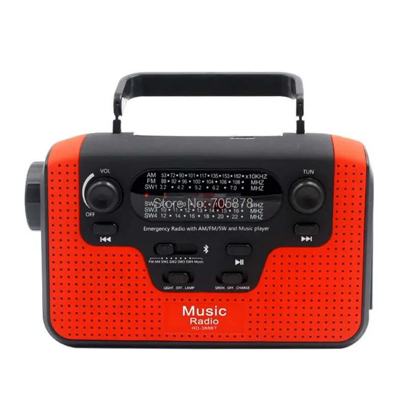 Dinamo multifuncional FM/AM/SW1-SW4 (tarjeta TF), Radio Solar con manivela manual, Altavoz Bluetooth, cargador de teléfono USB, linterna LED