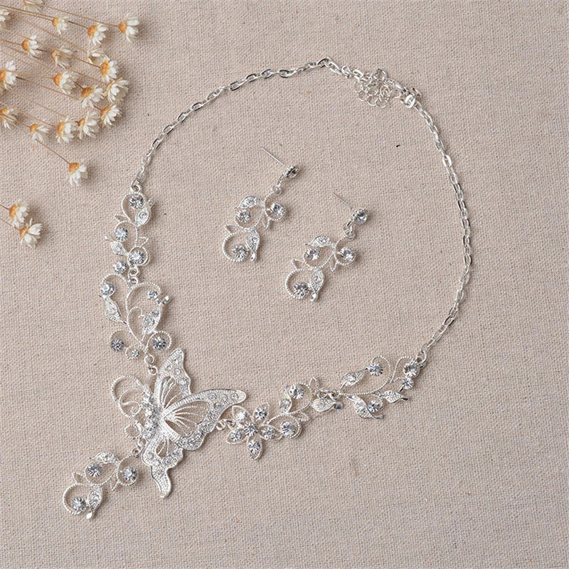 Wedding Jewelry Set Bride Rhinestone Jewelry Set Silver Plated Butterfly Choker Necklace Earrings Set Jewelry For Women Girls