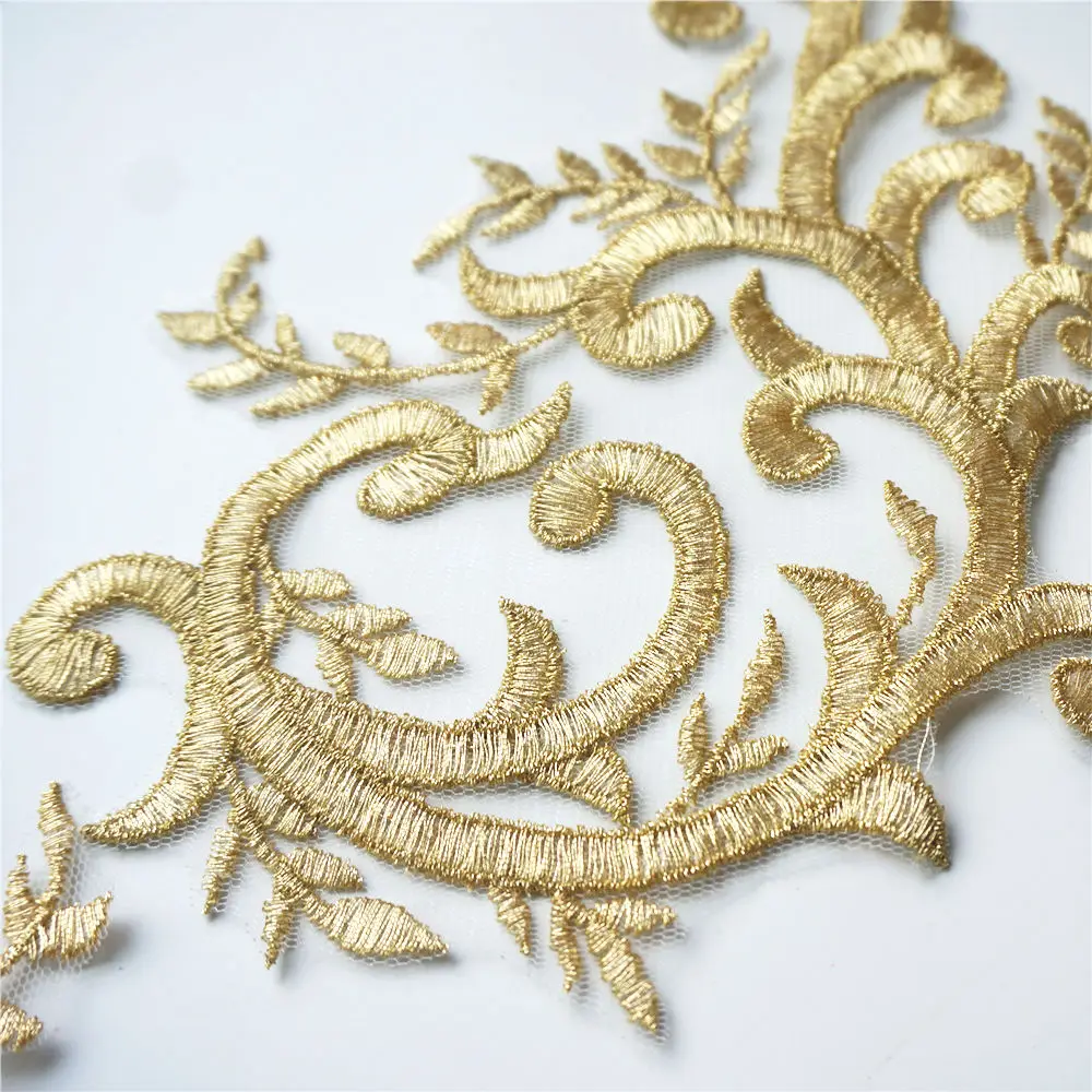 2PCS Gold Lace Fabric Flowers Branch Applique Embroidered Wedding Gown Collar Mesh Sew On Patches For Dress DIY Decoration