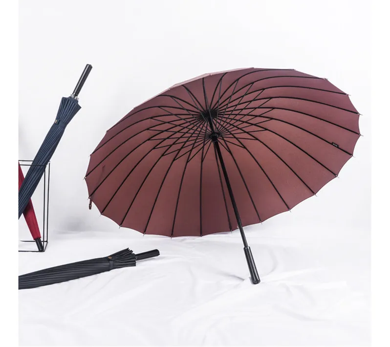 115cm open diameter Hand open 24 ribs solid colour leather PU business windproof umbrella carrying belts waterpoof car parasol