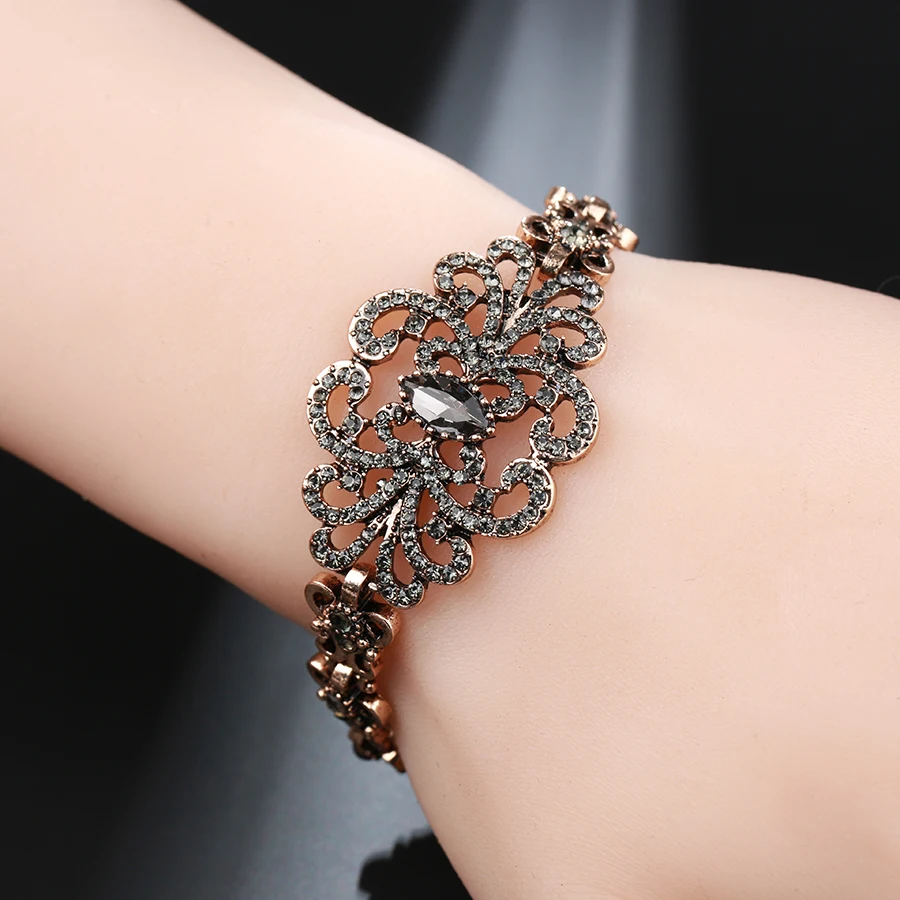 Kinel Luxury Gray Crystal Flower Bracelet For Women Antique Gold Turkish Wedding Jewelry 2018 New