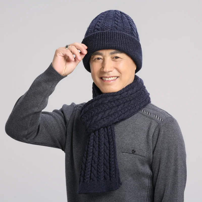 Adult Middle Age Elderly Man Hat Winter Wool Thicken Cap Father Ear Protection Knitted Hats Dad Outdoor Warm Fashion Scarf H7148