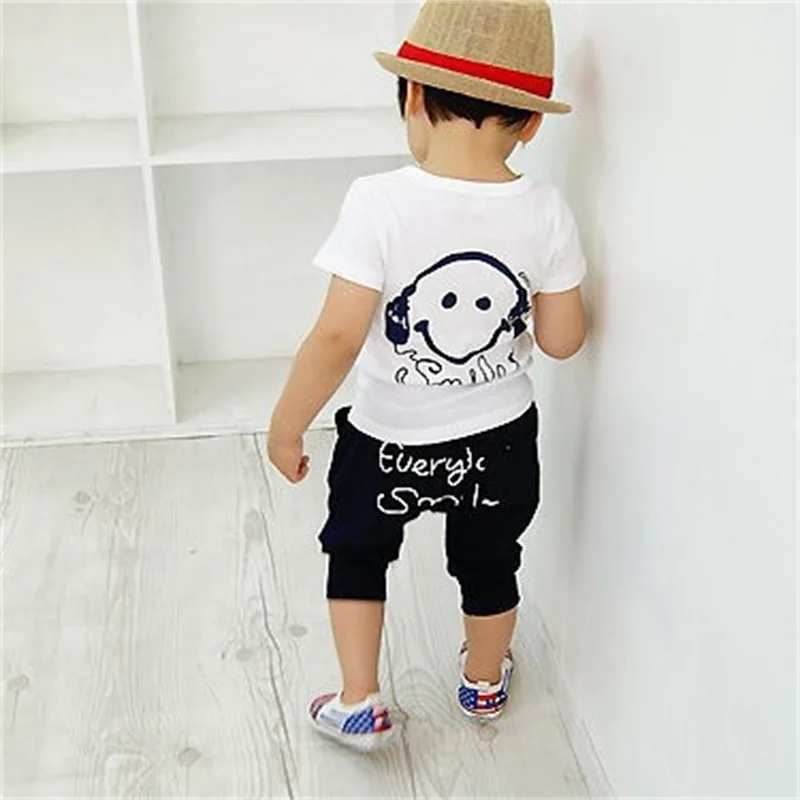 

Headphone Boys Sport Suits Smile Face Children Clothes Set Summer Short-Sleeved T-Shirts Haren Pant Clothing Sets