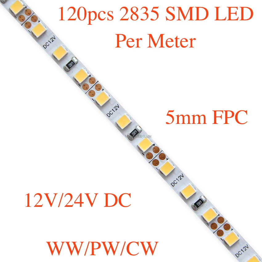 5mm FPC,  Slim flexible SMD LED strip light,  120pcs 3528/ 3014/ 2835 SMD leds per meter, DC 12V/ 24V, 5m a roll/lot