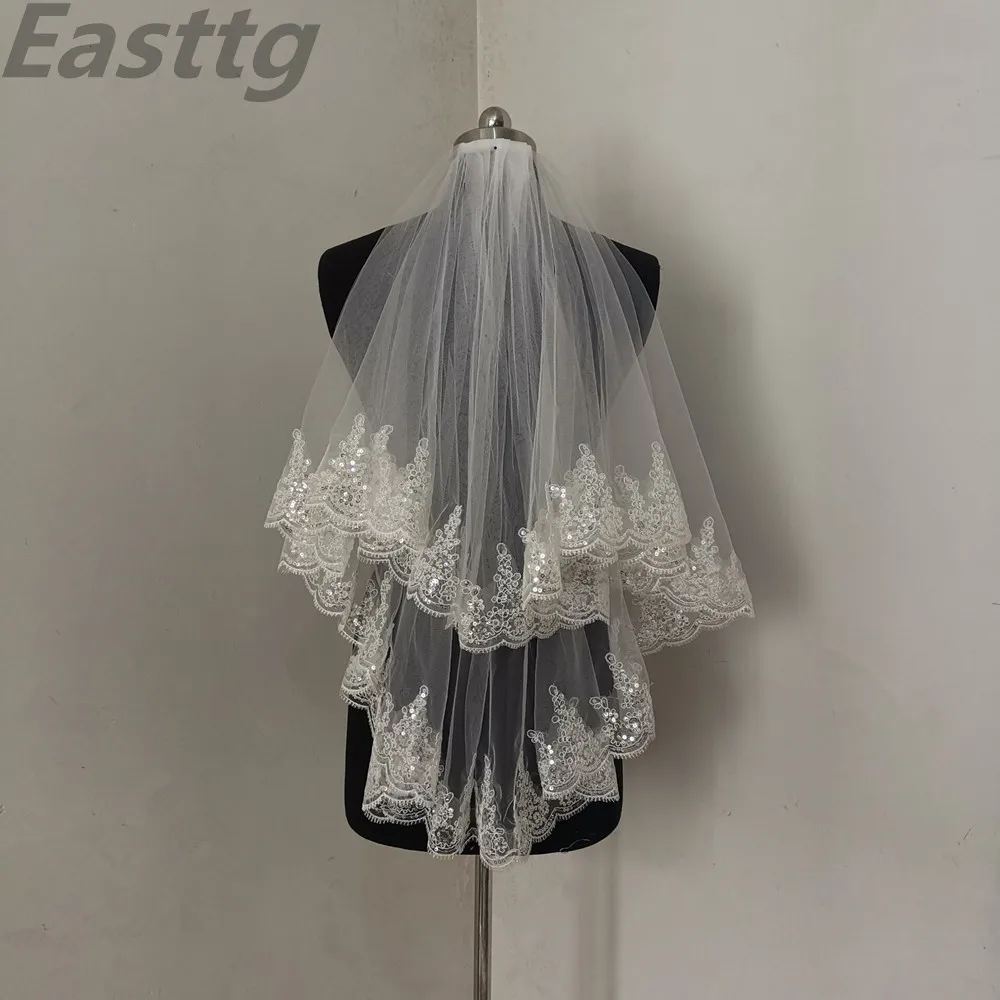 Easttg White Ivory Fashion Two Layer Bridal Veil Tulle Wedding Veils With Comb Lace Edge Wedding Accessories Veu de Noiva