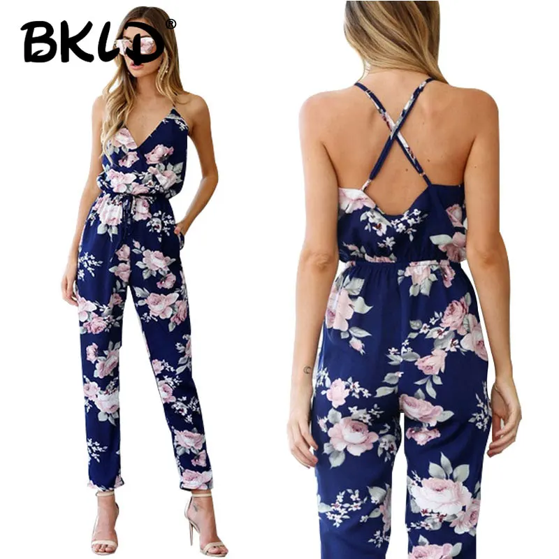 BKLD 2025 Sommer Frauen Casual Ärmellose V-ausschnitt Overalls Mode Damen Boho Floral Gedruckt Breite Bein Lange Hosen Backless Strampler