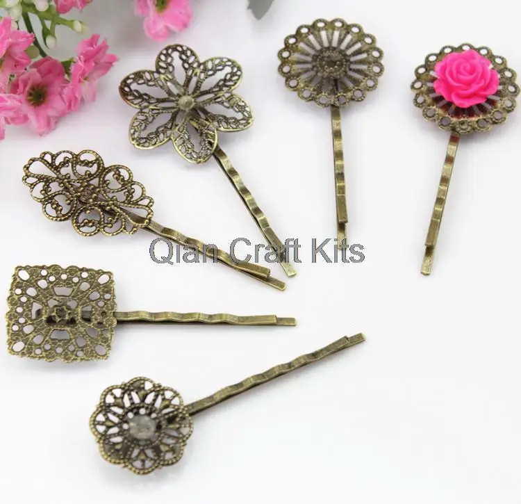 100pcs mixed styles Vintage Filigree Hairpins Hair Pins, Bobbypins Antique Brass Waved Hair Clips Base Settings