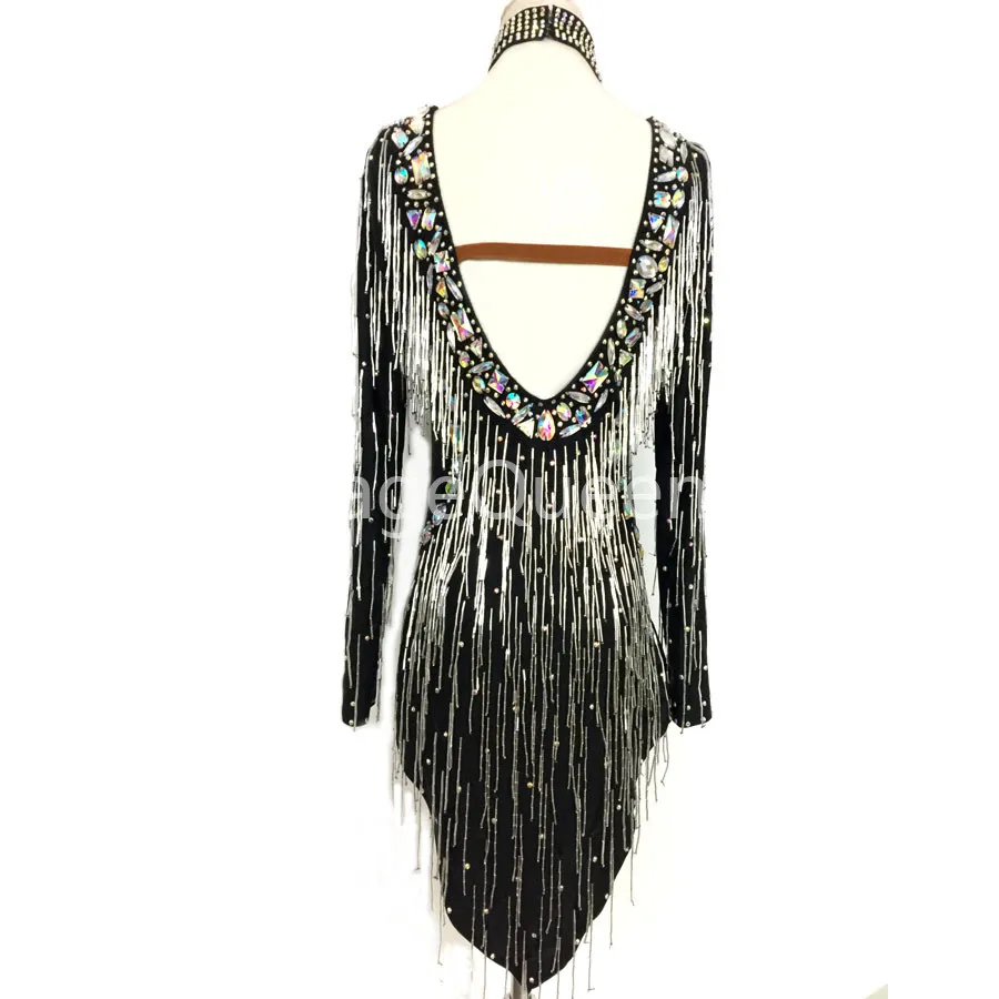 Customed Latin Dance Dress Women Competition Performance Costume Fringed Skirt Shiny Sexy Rhinestones Dance Dresses For Girls