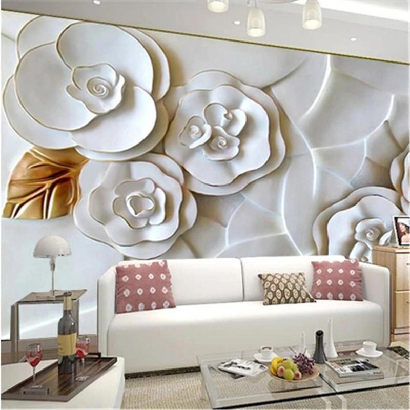 beibehang Custom 3d photo wallpaper 3D embossed wallpaper modern minimalist living room TV background white roses 3d wallpaper