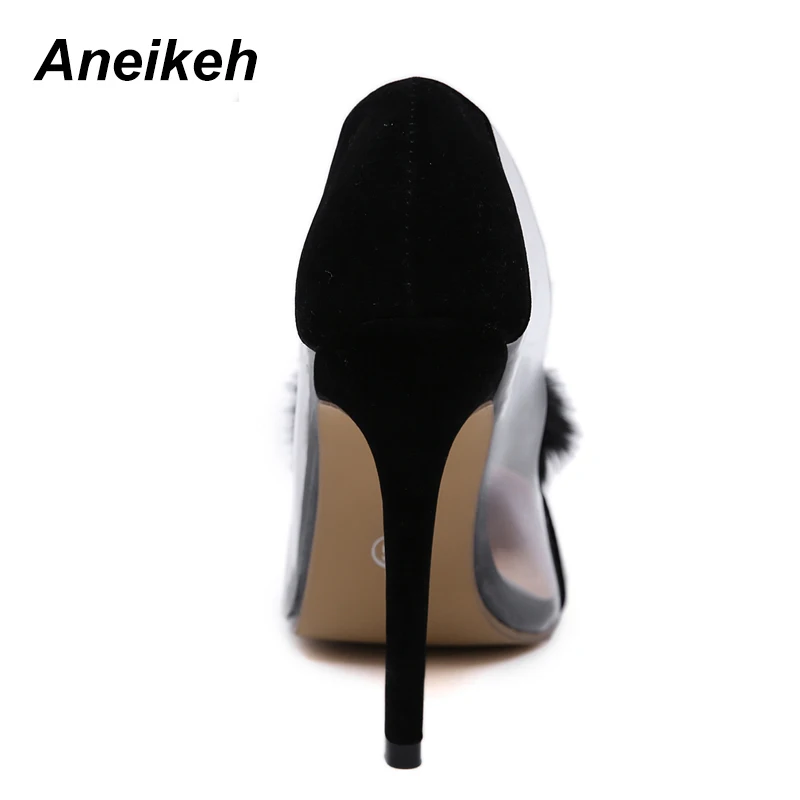 Aneikeh Clear PVC Transparent Pumps Slip-On Thin Heel High Heels Point Toes Womens Party Shoes Nightclub Pumps Black Size 35-40