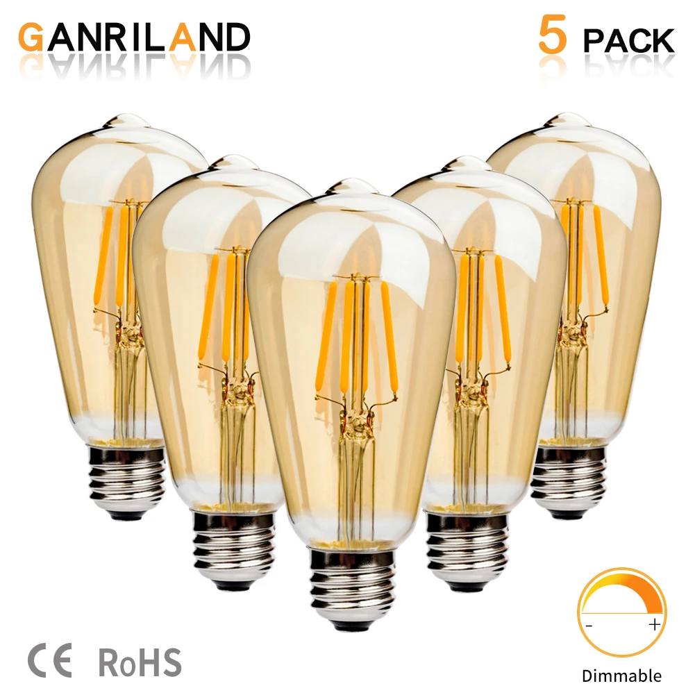 GANRILAND Dimmable Edison Retro Vintage Filament LED Bulb ST64 4W 6W Golden Cover Light Lamp 220V Warm White 2200K