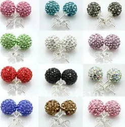 30pair/lot 10mm micro disco ball mixed white multicolor stainless steel Crystal Beads stud  earrings silver plated u452