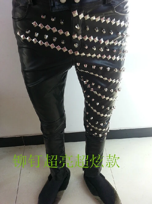 28-37 2021 New Korean Version Male Hairstylist Men Singer Presided Stage Costumes Rivets Slim Black Leather Pants Trousers