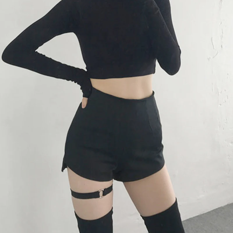 Summer Skinny High Waist Shorts Sexy Twerk Booty Shorts with Thigh Ring Women Hotpants Shorts Black White